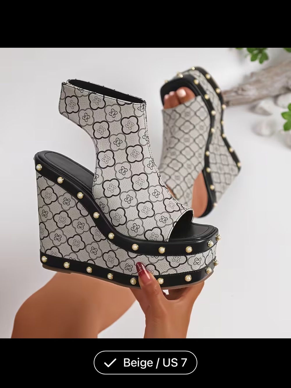 Beige Platform Wedge Sandals with Stud Detail